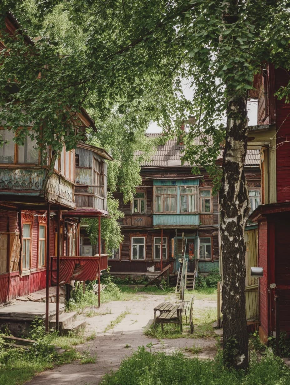photos of the post-Soviet aesthetics of Russian villages' courtyards and people with their everyday life in the styles of McBling, Waporwave, Wes Anderson chic, Andersonesque Popart --ar 3:4 --v 7.0 --s 300
