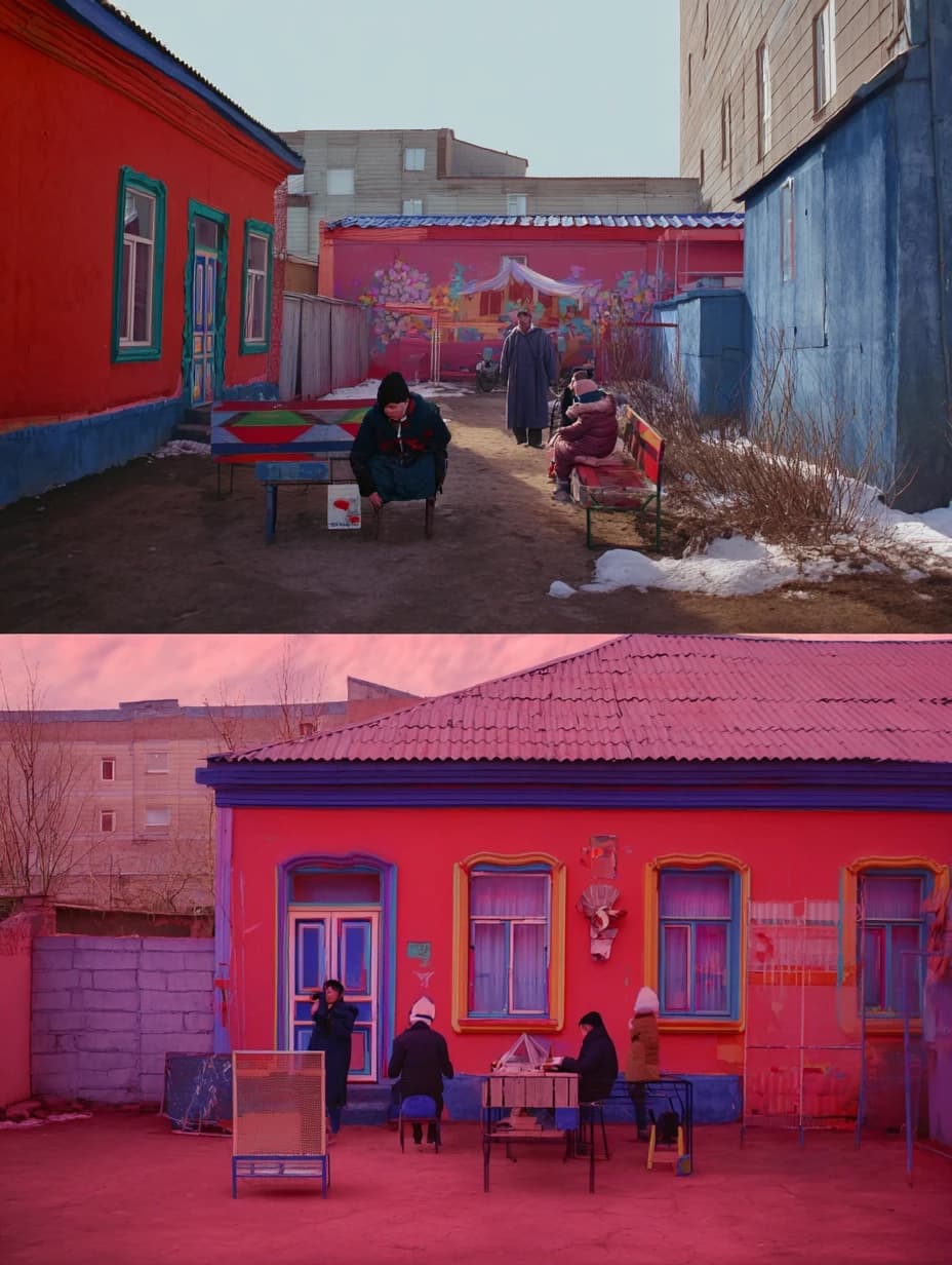 photos of the post-Soviet aesthetics of Russian villages' courtyards and people with their everyday life in the styles of McBling, Waporwave, Wes Anderson chic, Andersonesque Popart --ar 3:4 --v 7.0 --s 300