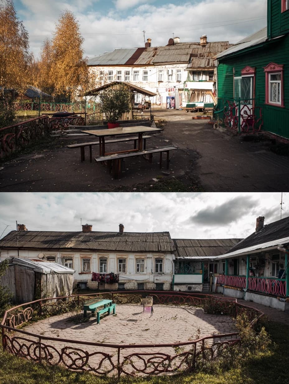 photos of the post-Soviet aesthetics of Russian villages' courtyards and people with their everyday life in the styles of McBling, Waporwave, Wes Anderson chic, Andersonesque Popart --ar 3:4 --v 7.0 --s 300