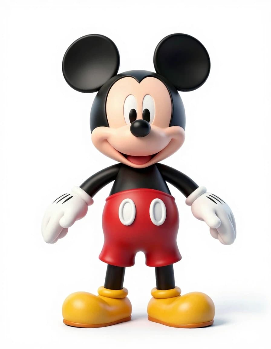 A full-length shot of the classic Mickey Mouse standing in a strict pose of the letter "T", legs shoulder-width apart, arms spread apart, on a pure white background, studio lighting, highly detailed 3D rendering, clear character design for rigging into a 3d model