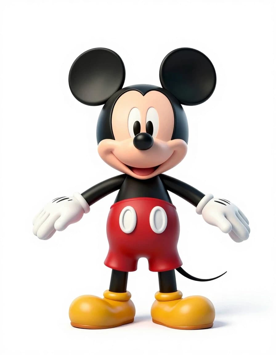 A full-length shot of the classic Mickey Mouse standing in a strict pose of the letter "T", legs shoulder-width apart, arms spread apart, on a pure white background, studio lighting, highly detailed 3D rendering, clear character design for rigging into a 3d model