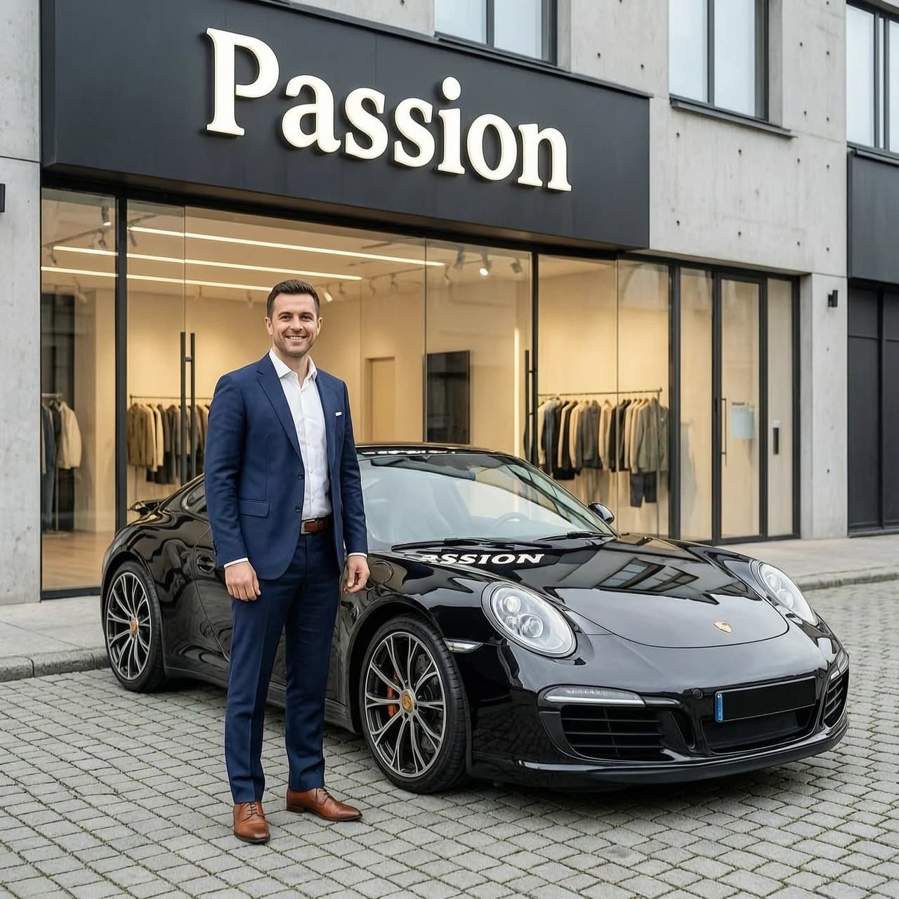 На заднем плане находится агенство с вывеской Passion , на переднем плане стоит мужчина в костюме а рядом припаркован Porsche 991