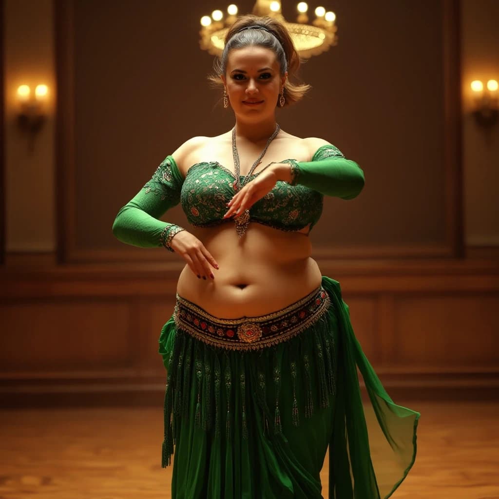 front view chubby belly dancer fifty years woman in green costume brown short ponytail hair stand in hall
