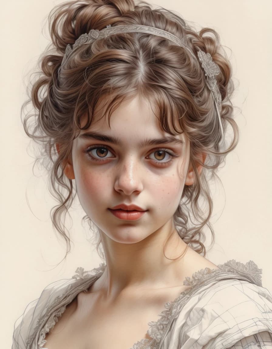 A real french portrait of a beautiful young goddess, big brown sparkling eyes, slight smile, fantasy clothes, messy hairstyle, intricate details and precisely drawn cross-hatching lines throughout the drawing, bold lines