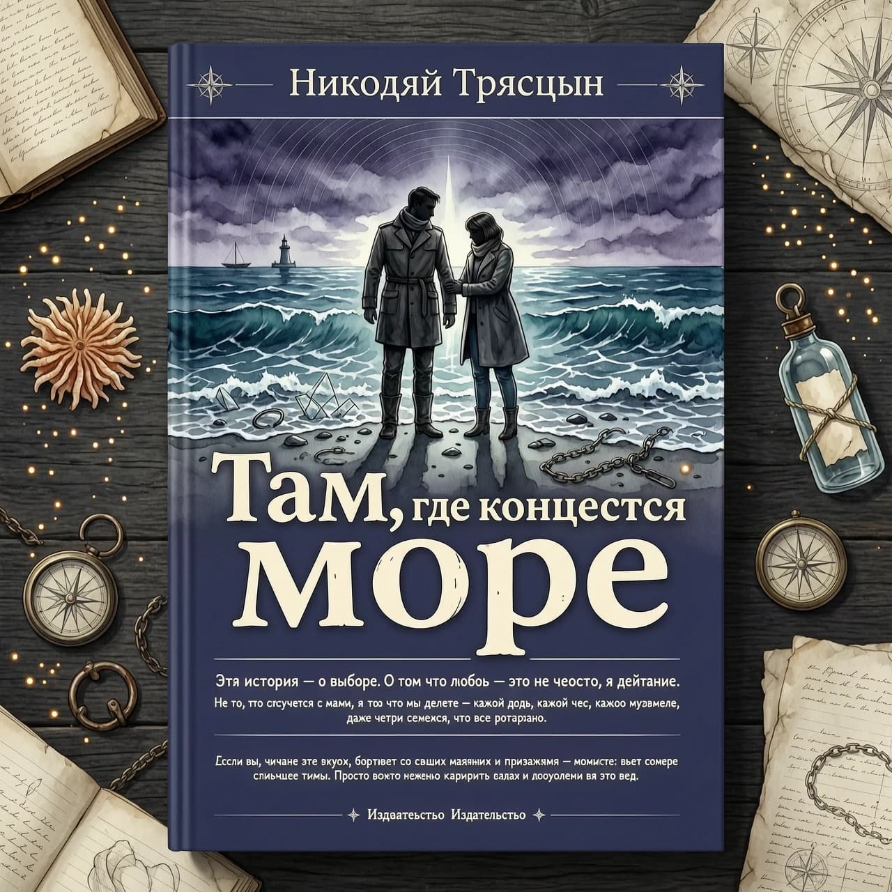Название книги "Там, где кончается море" Автор Николай Трясцын. Эта история — о выборе. О том, что любовь — это не чувство, а действие. Не то, что случается с нами, а то, что мы делаем — каждый день, каждый час, каждое мгновение, даже когда кажется, что всё потеряно. Иззи и Элиан не были исправлены. Они были сломанными, напуганными, но они решили бороться. Не против судьбы, друг за другом. И в этом — их победа. Если вы, читая эти строки, боретесь со своими маяками и призраками — помните: свет всегда сильнее тьмы. Просто иногда нужно закрыть глаза и положить на это свет.