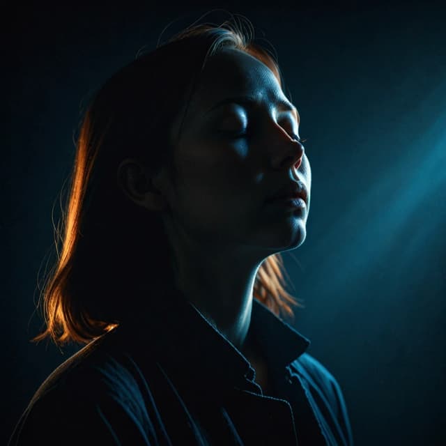 A person standing still in the dark, eyes closed. A faint warm glow radiates from within them — soft, like memory, not pain. Dark background, deep shadows, warm amber light, cold blue tones. Photorealistic, cinematic, emotional, symbolic. Vertical composition.