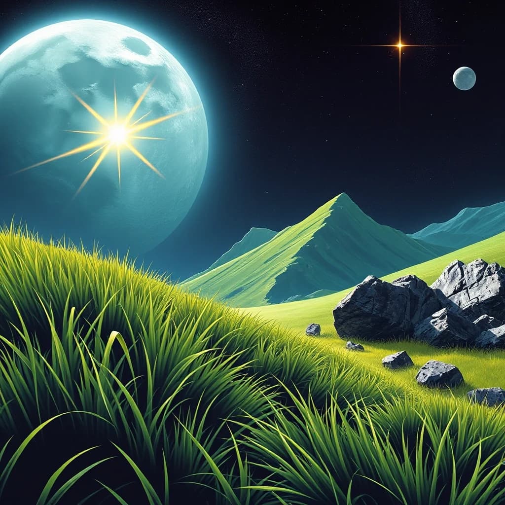 designed by dan mumford and marc simonetti, lush grass and Lunar crater in background, [Meandering|highborn] ("A solitary star, shining in the vast expanse, a reminder of the beauty in solitude.":1.2) , Shorty Portal in background, modern, illustrious quality, fine detail, best, advanced cinematic perfect light, detailed, deep rich colors, complex artistic color composition, background inspired