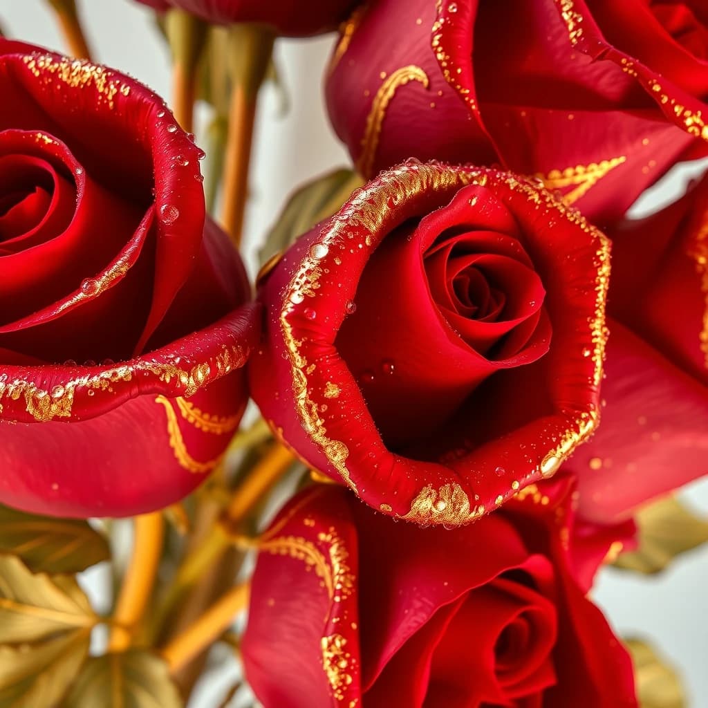 A digital image. Macro photography. A bouquet of red roses with dew on the petals. Gilding, gold, gold leaf, radiance. Golden patterns on the petals. Golden stem and leaves:: embossing, detailing. On a light background. Plateresque, modern, Palekh painting. Spectacular lighting, brilliance. High quality and high detail, hyper-realistic. The Watercolor style
