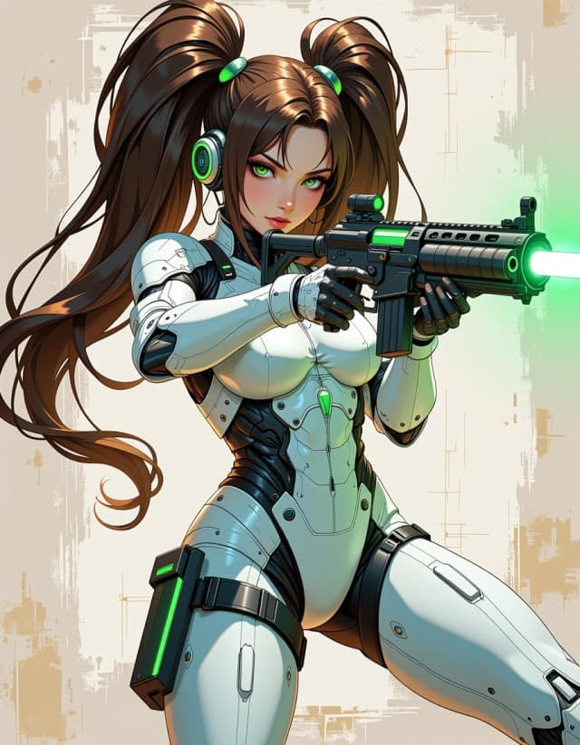A masterpiece,  in the style of the 1980s, with bold lines, dynamic strokes and rich textures, on background with a touch of nostalgia, perhaps with subtle drawings inspired by cellulose and vintage, worn textures similar to paper, oil painting, futuristic female character in a dynamic pose. She has long, flowing brown hair with twin tails and striking green eyes. She is dressed in a sleek, white cybernetic suit with intricate details and glowing green accents. character is aiming a high-tech, futuristic gun that emits a bright green light. Her outfit includes white gloves and thigh-high boots, and she is equipped with advanced technological accessories, including a headset with a targeting visor. minimalistic background to emphasize the character, with a soft glow that complements futuristic theme. high-tech and sci-fi, with a focus on character's intense and focused expression, hdr
