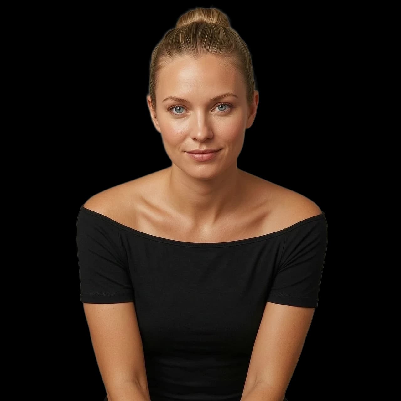 Молодая женщина (примерно 25–28 лет), стройная, светлая кожа, длинные волосы собраны на затылке, голубые/серые глаза, нейтральное уверенное выражение лица с лёгкой полуулыбкой. На ней: Чёрный топ с открытыми плечами. Поза: слегка наклонена вперёд, руки опущены, плечи расслаблены.
