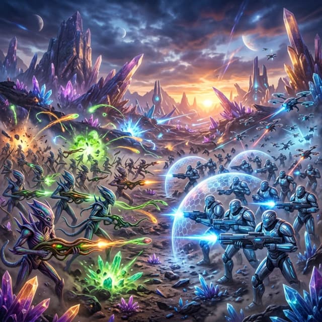 “A vast alien battlefield on a crystal-laden planet at dawn. Two armies clash: slender, multi-eyed aliens in living exoskeleton armor wielding organic bio-weapons and energy vines vs. robust metallic-skinned warriors protected by glowing, holographic quantum shields and armed with plasma rifles and swarms of tactical drones. Explosions of bioluminescent energy, writhing living projectiles, and shifting drones fill the surreal, color-shifting landscape. Futuristic, cinematic, tense atmosphere, complex technological contrast, no gore.” формат 16:9, гиперреализм.,8к