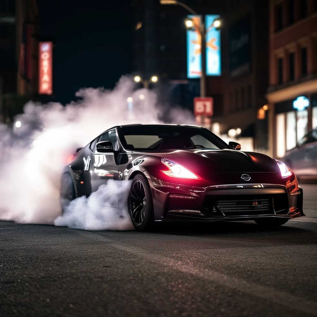Nissan 370z делает бернаут на главной улице в ночном городе, тормоза раскалились, из колес идет дым