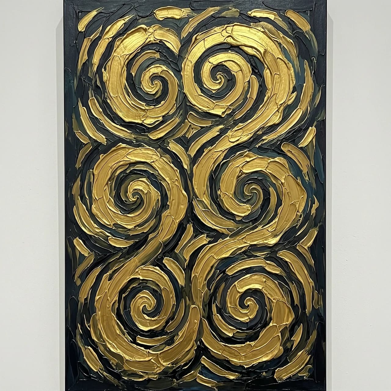 Expressionist vertical 9:16 painting with bold gold brushstrokes and swirling forms on a dark background, emotional, no text.
