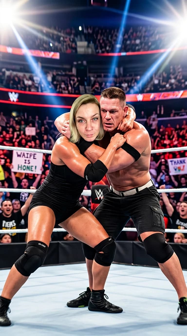 Cinematic hyper-realistic action shot, wide angle, professional wrestling match in a crowded arena. A woman in professional wrestling gear is engaged in an intense grappling struggle with John Cena inside a brightly lit wrestling ring. The woman's face remains exactly as provided, maintaining her precise facial features, skin tone, and proportions. John Cena is depicted with accurate body scaling, muscular physique, and realistic skin texture. High-tension combat pose, sweat glistening on skin under intense arena spotlights, motion blur in the background crowd to emphasize action. Shot on 35mm lens, f/2.8, sharp focus on the fighters, dramatic volumetric lighting, cinematic color grading, raw photography style, 8k resolution, highly detailed textures of the ring canvas and wrestling attire, no artificial blending, authentic sports broadcast aesthetic.