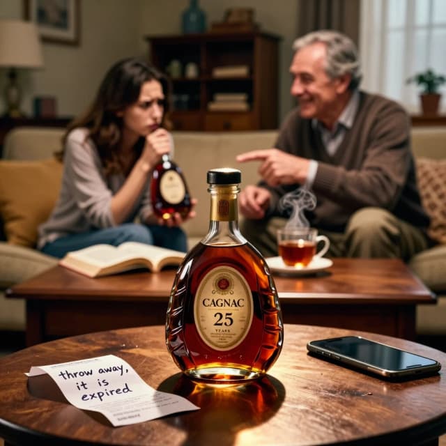 Photorealistic, 8K, cinematic composition with layered depth of field.

Foreground (sharp focus, macro): A vintage cognac bottle (Cognac XO, 25 Years Old) on a dark wooden table. The glass is crystal clear, the liquid inside is deep amber with rich golden reflections. The label is aged but elegant, with gold foil accents. Slightly out of focus in the very front plane: a crumpled fast‑food receipt and a  — a visual metaphor for “uneducated taste”. Next to the bottle, a handwritten note in messy handwriting: “выкинь, оно просрочено”.

Lighting: Dramatic studio lighting — a single warm beam spotlighting the cognac bottle and the immediate foreground objects; the rest of the frame in soft shadow, high contrast.

Midground to background (gradual soft blur): A cozy living room with a wooden sideboard; the focus pulls back to reveal a young woman in casual home clothes holding another bottle, squinting at the label with confusion. Next to her, an older man (perhaps her father or uncle) in a sweater smiles gently, pointing at the age statement on the label.. The room is warm and lived‑in: an open book on an armchair, a steaming mug of tea on the coffee table.

Depth & mood: Strong foreground–background separation; the sharp luxury of the cognac bottle contrasts with the blurred, relatable domestic scene. Mood: dramatic irony meets gentle family humor, high contrast between perceived “expiration” and true value. No extra text overlays beyond what’s naturally present on the bottle, note, and phone screen.