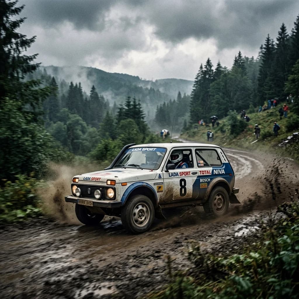 A Niva car with a rally body kit, number 8 on its side, driving at high speed, clumps of mud from under the wheels, humid atmosphere, cinematic composition, photorealistic, movie still style, 1980s film grain, epic wide shot,ultra detailed
