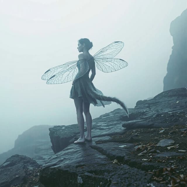 Cinematic wide shot, full-body character study. A wandering girl with translucent, dragonfly-like wings, too delicate and fragile for long-distance flight, visible thin veins in the wings. Her legs are slender, elegant, but visibly tired, dusty and calloused, standing on a rocky misty shore.

The key focal point is her tail: It is not flesh, but a thick cluster of living, long feather-anemones, bioluminescent and translucent, constantly swaying and undulating even in completely still air. The tail curls and turns like a living radar locator, pointing forward into the fog.

Narrative detail: The feathers at the tip stand on end (sensing an incoming storm), while the lower feathers lie flat along the wind, pointing towards a distant safe haven. The tail acts as her true guide, smarter than her intuition, leading her through the mist while she mechanically moves her tired feet.

Atmosphere: Dense fog, mystical swamp or coastal cliffs, cold blue and muted teal color palette, eerie silence, volumetric fog, hyper-detailed feathers, fantasy realism, ethereal, moody, sharp focus on the tail and feet, soft blur on the background. --ar 16:9 --style raw --v 6.0