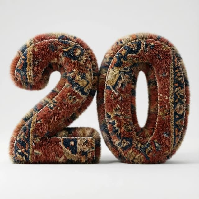 Создайте суперпушистый 3D  цифру "20" из мягкого восточного ковра, плюшевого и большого, с толстым округлым ворсом, реалистичной текстурой ковра, замысловатыми традиционными узорами в теплых тонах (ржаво-красный, темно-синий, бежевый, оливковый, золотой), видимым ворсом и волокнами, прошитым краем ковра, ультрареалистичный, вид спереди, по центру, изолированно на белом фоне, мягкое студийное освещение, едва заметные контактные тени, высокая детализация,  качество Octane/Redshift