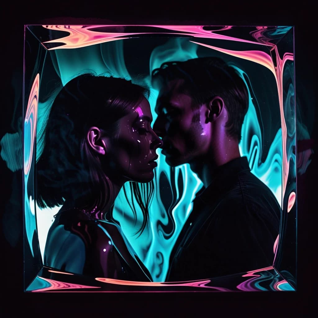 Surreal rock album cover. A close-up of a mirror in the dark. The reflection of a guy and a girl is melting and swirling like liquid, blending their silhouettes together. Glitch effects, chromatic aberration. The background is total void. Atmospheric smoke, neon moonlight highlights on the edges of the glass. Dark aesthetic, intense, psychological thriller vibe. Fine art photography style.