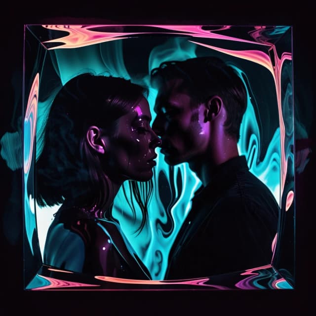 Surreal rock album cover. A close-up of a mirror in the dark. The reflection of a guy and a girl is melting and swirling like liquid, blending their silhouettes together. Glitch effects, chromatic aberration. The background is total void. Atmospheric smoke, neon moonlight highlights on the edges of the glass. Dark aesthetic, intense, psychological thriller vibe. Fine art photography style.