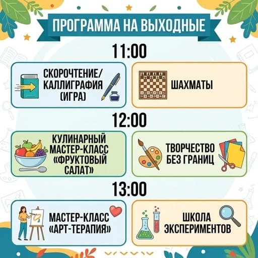 Сделать программу выходного дня на русском языке. 

11.00
Скорочтение/ игра в каллиграфию
Шахматы 

12:00
Кулинарный мастер-класс «Фруктовый салат»
Творчество без границ

13:00
Мастер-класс «Арт-терапия»
Школа экспериментов