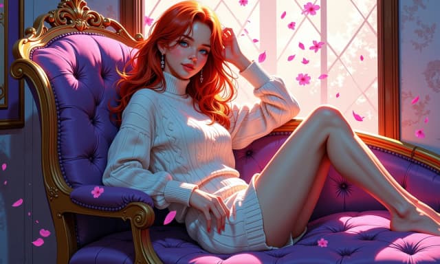 A masterpiece,  in the style of the 1980s, with bold lines, dynamic strokes and rich textures, on background with a touch of nostalgia, perhaps with subtle drawings inspired by cellulose and vintage, worn textures similar to paper, oil painting, A cozy, intimate portrait of a young woman with vibrant wavy red hair and large luminous blue eyes, delicate freckles across her nose and cheeks, wearing a thick cable-knit turtleneck sweater-dress that hugs her form as she lounges on an ornate purple velvet chaise with gold carved wood details; soft pink and lavender volumetric light streams through a patterned window behind her, scattering floating flower petals and creating warm rim light on her hair and subtle specular highlights on the knit and skin; composition is three-quarter, waist-to-thigh view, knees bent, relaxed pose with one hand supporting her head and a gentle, playful smile; ultra-detailed painterly realism with smooth skin, realistic fabric texture, plush cushion stitching, shallow depth of field, soft bokeh, cinematic color grading, warm pastel palette, high-resolution, finely rendered eyelashes, natural skin subsurface scattering, and a dreamy, romantic atmosphere. celshading, simple background