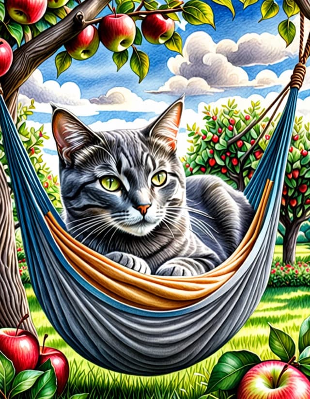 A masterpiece. Create an image. Watercolor painting style: ((Grey cat with sly sly eyes):1.6 dozing in a hammock under the apple trees in the garden):1.6, clear edges, clear textures, volumetric composition, 3D depth, studio lighting, author's style, 8k resolution. High detail and clear texture. High quality. Increased attention to small details. The aspect ratio is 3:4.