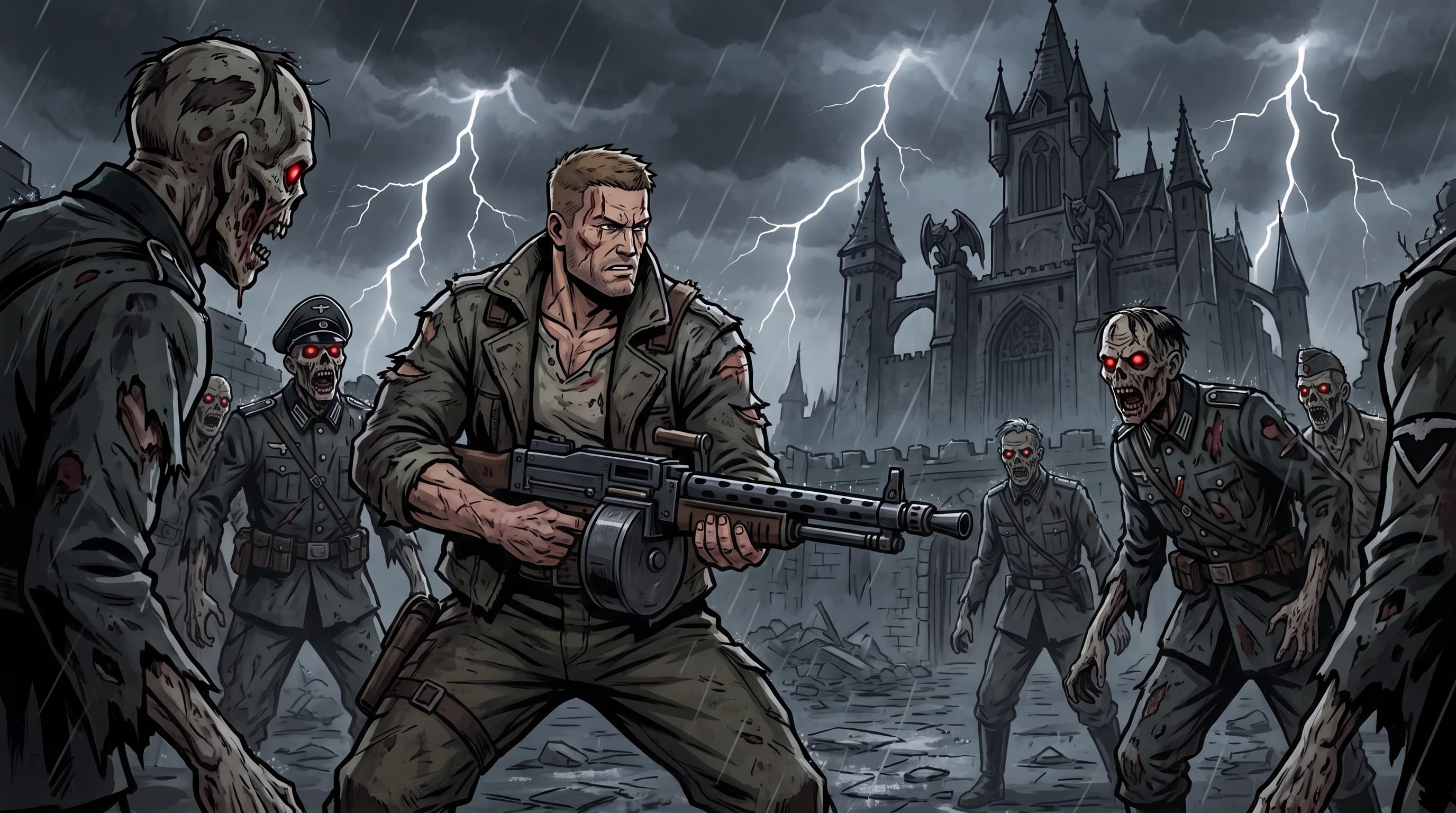 Wolfenstein (Игра), Би Джей Бласковиц в боевой стойке, окружен злыми зомби в немецкой форме, на фоне готического замка, чёрные тучи с молнией, в стиле аниме с реалистичными деталями