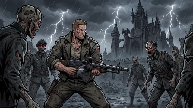 Wolfenstein (Игра), Би Джей Бласковиц в боевой стойке, окружен злыми зомби в немецкой форме, на фоне готического замка, чёрные тучи с молнией, в стиле аниме с реалистичными деталями