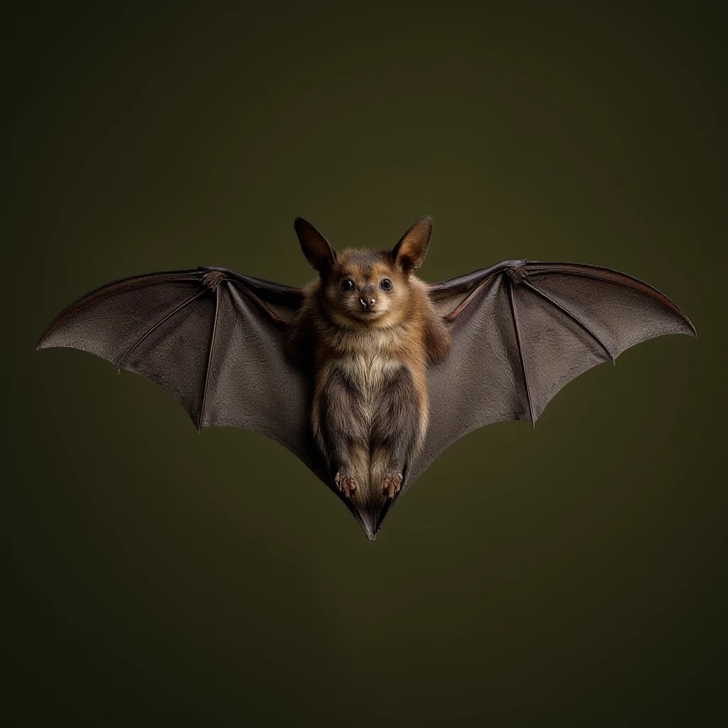 Draw a symmetrical frontal frame in the style of Wes Anderson for the A6 format. In the center is a full—length bat (in a relaxed pose, wings neatly folded), with a light olive—colored cape on her shoulders. The background is a muted matte olive, without unnecessary elements. Palette: olive, dark gray, brown, beige. The lighting is subdued, atmospheric, and soft shadows. High detail: wing membranes, cape fabric texture, anatomically precise bat proportions. No labels. 8K, cinematic style.