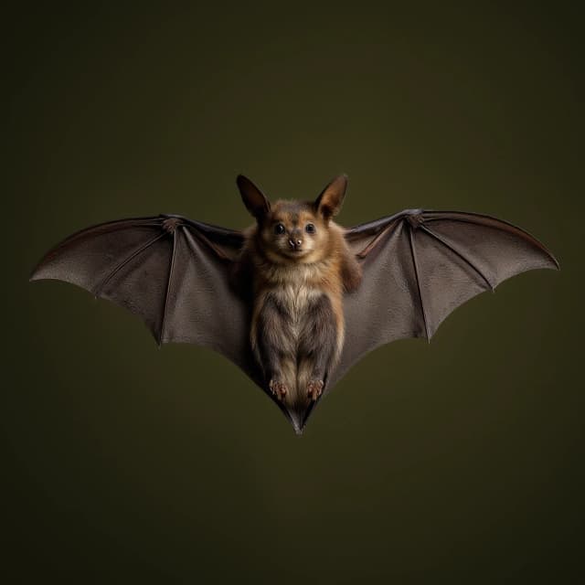 Draw a symmetrical frontal frame in the style of Wes Anderson for the A6 format. In the center is a full—length bat (in a relaxed pose, wings neatly folded), with a light olive—colored cape on her shoulders. The background is a muted matte olive, without unnecessary elements. Palette: olive, dark gray, brown, beige. The lighting is subdued, atmospheric, and soft shadows. High detail: wing membranes, cape fabric texture, anatomically precise bat proportions. No labels. 8K, cinematic style.