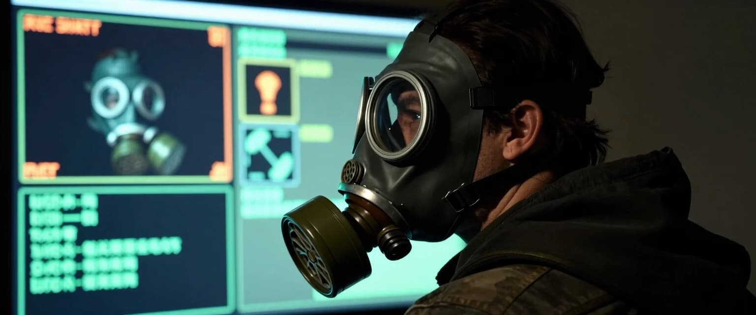 Создай изображение персонажа из игры nuclear nightmare который носит противогаз, и сделай так что бы он смотрел в экран одной стороной