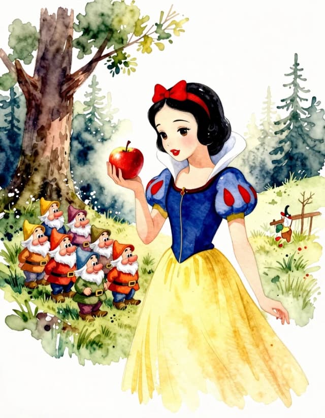 A masterpiece. Creating an image. The style is watercolor painting. Delicate watercolor on raw material.((Snow White with a red apple in her hand and (the seven dwarfs:1.7), against the background of a fantastic forest, on a sunny beautiful day:1.6)). High resolution. High detail and clear texture. Close-up. High quality. Increased attention to small details. The aspect ratio is 3:4. The artists are Levitan, Shishkin.
