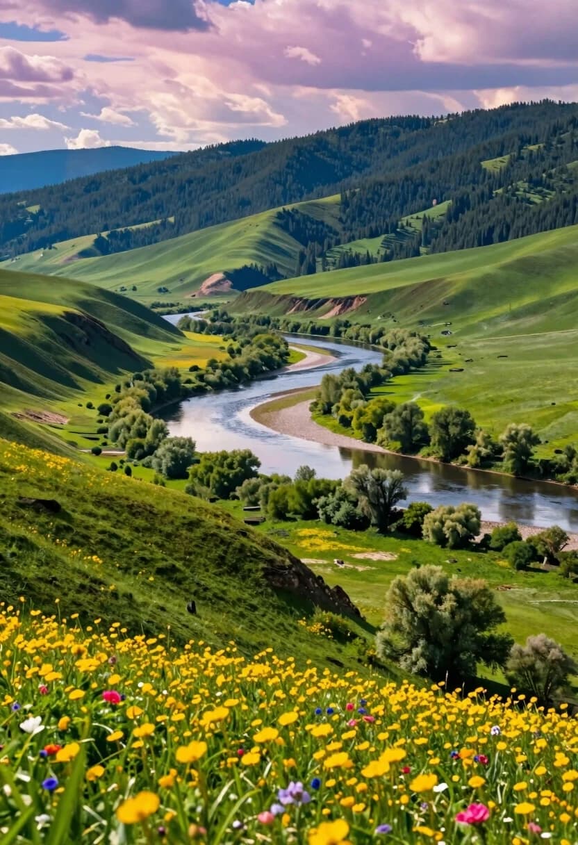 Beneath this celestial spectacle lies a sprawling, verdant valley. Rolling hills covered in lush green grass and dense forests stretch out towards the horizon. A winding river, its surface reflecting the sky's colors, meanders gracefully through the landscape, carving a path through the greenery. In the foreground, the viewer is positioned on a sun-drenched hillside, dotted with vibrant yellow wildflowers and patches of colorful blooms, adding a touch of earthly beauty and warmth.