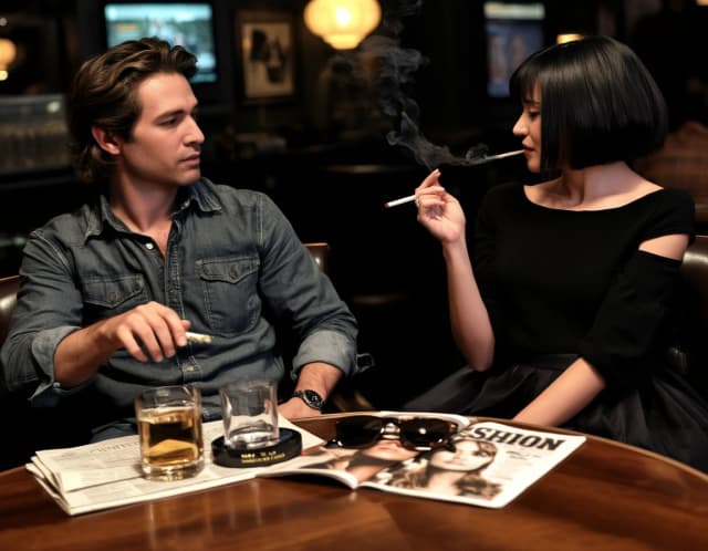 A very handsome man, about 30 years old, with slightly longer, slightly curly hair, sits at the bar, wearing a denim shirt with rolled-up sleeves and jeans. On the table in front of him are a newspaper, a glass of whiskey on the rocks, and an ashtray with a smoldering cigarette. Opposite him sits a very beautiful young woman, resembling 23-year-old Megan Fox, with dark hair cut into a bob with bangs, wearing a very fashionable short, full skirt and a black off-the-shoulder top with three-quarter sleeves, smoking a thin cigarette. On the table in front of her lies a fashion magazine, on which rests a pair of trendy, stylish sunglasses. The man and woman look at each other.