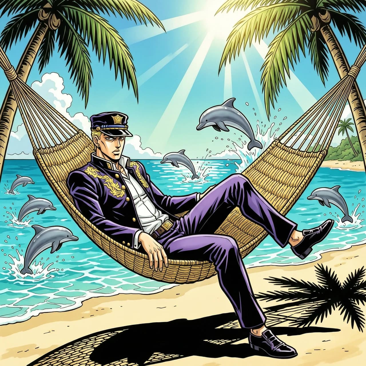 Jotaro Kujo from JoJo's Bizarre Adventure, rendered in Hirohiko Araki's signature hyper-stylized art style, lounging relaxed in a woven tropical hammock suspended between two palm trees on a sun-drenched exotic beach. Jotaro maintains his iconic stoic expression, wearing his signature modified school uniform hat that blends into his hair, with intricate fabric textures and bold, heavy ink outlines characteristic of Part 3 and Part 4 manga aesthetics. The background features a sparkling turquoise ocean with crystal clear waves, where several playful dolphins are leaping gracefully out of the water, creating dynamic splashes. The composition is a wide cinematic shot with vibrant, high-contrast colors and dramatic cel-shading. Lighting is intense summer sunlight with sharp, stylized shadows and lens flare effects. The atmosphere is a mix of summer tranquility and high-fashion avant-garde energy. High-detail line art, vibrant psychedelic color palette, masterpiece quality, fashion illustration aesthetic.