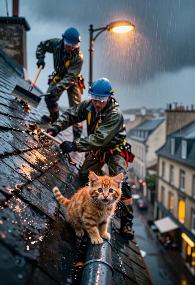 Photorealistic, cinematic, 8K, 2:3 aspect ratio. Low-angle shot from the street looking up at a steep, wet slate roof of an old city building. Heavy rain, dramatic lighting: a single warm streetlamp cuts through the downpour with volumetric rays, contrasting with the deep blue-grey of the stormy sky.

On the roof, two roofers in waterproof gear are working against the elements. One is clearing debris with a long-handled scraper; the other is inspecting a loose tile, his face tense with concentration, rain dripping from his visor. Their postures show effort and balance — they are leaning into the wind.

In the foreground, sharply in focus, a tiny, drenched but defiant ginger kitten clings to a metal downspout. Its fur is matted and spiky from the rain, eyes wide and bright, mouth slightly open in a tiny mewl. The kitten’s size emphasizes the height and danger of the roofers’ work.

Background: a dense urban landscape of rooftops fading into the rainy haze, with warm yellow windows creating a sense of life and shelter amidst the storm.

Technical: extreme depth of field — the kitten razor-sharp, the roofers slightly softer, the city background deep bokeh. High contrast, wet surface textures, raindrops on lens effect, detailed fabric of the workwear, hyper-realistic fur of the kitten. Mood: tension, care, and the unexpected heroism of small things.