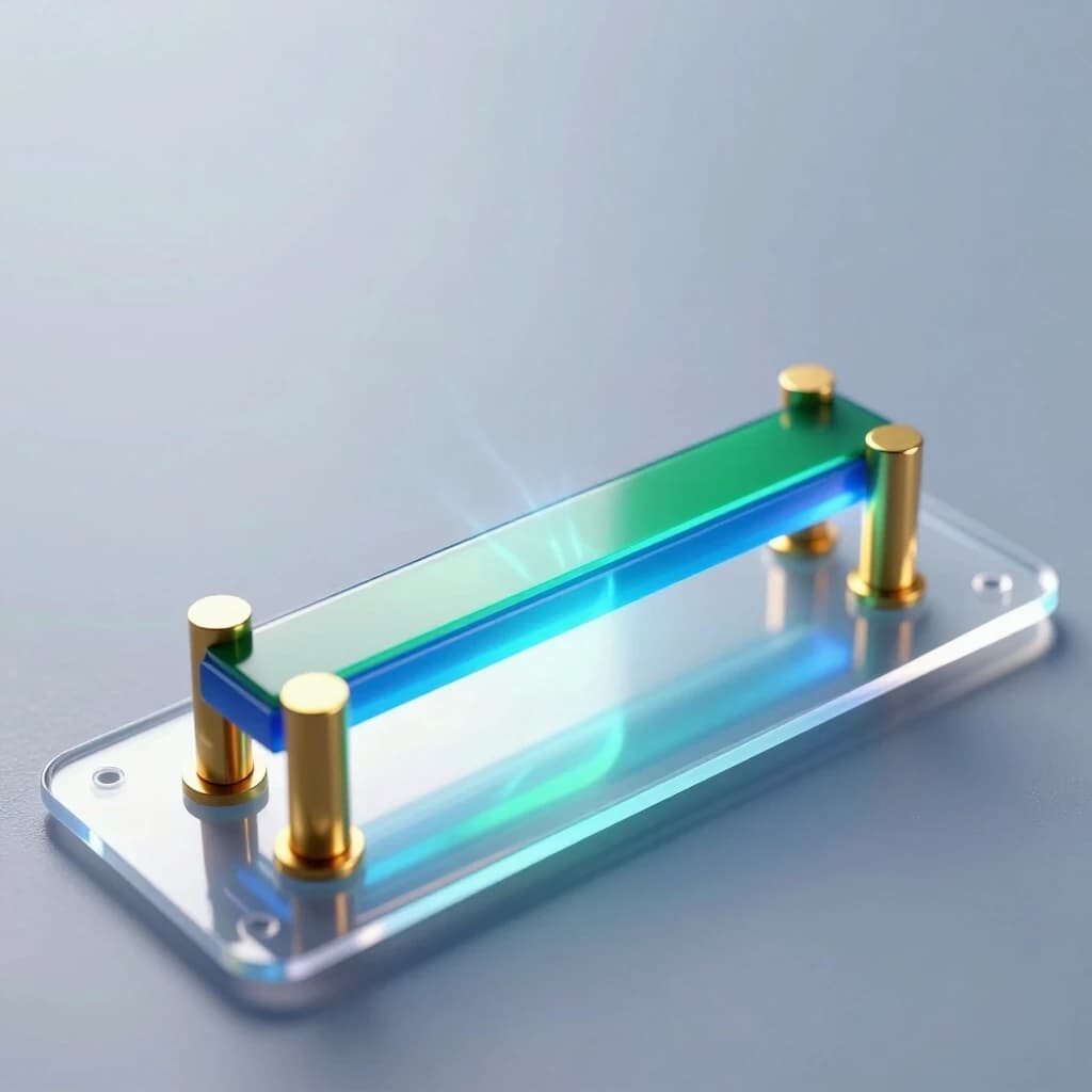 A hyper‑realistic scientific 3D illustration of a single organic field‑effect transistor with a bottom gate and top contacts of the following structure (thin layers from bottom to top): a flexible transparent PET substrate, a continuous aluminum gate, a thin translucent blue layer of aluminum oxide dielectric, a thin green single‑crystal organic semiconductor, two gold contacts for the source (on the left) and the drain (on the right), with a distance between them that is 10 times greater than the thickness of the semiconductor layer. The device emits a slight internal glow, indicating the flow of current through the channel. Macro photography, extreme close‑up, shallow depth of field with focus on the active layers. Cold, directional studio lighting from above combined with soft backlighting from below through a substrate to accentuate the gate‑dielectric interface. Reflections with ray tracing, caustics, and electric field aura effects around the contacts. A clean, high‑tech atmosphere, a sterile environment, no contact pads. 8K resolution, complex microscopic details, photorealistic textures.