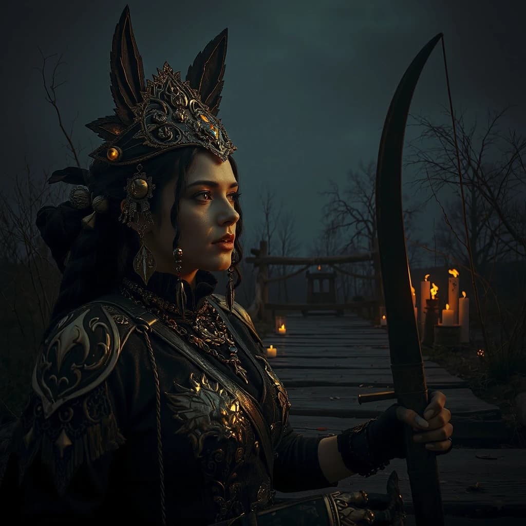 Aristocratic Irresistible Female Hunter, Panorama, Gloomcore, pov, fine artistic composition, magical atmosphere, cinematic perfect intricate stunning fine detail, background inspired, ambient illumination, sublime, great composition, theatrical, illustrious quality