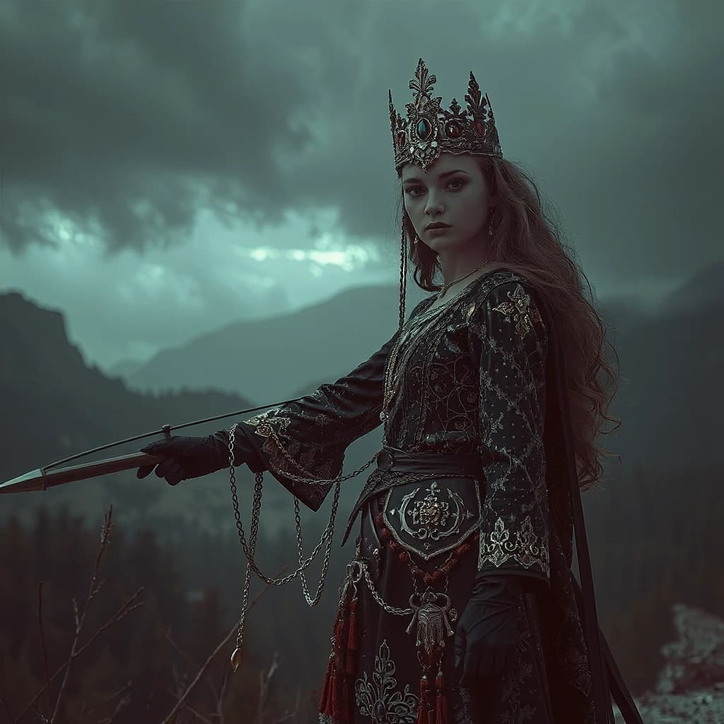 Aristocratic Irresistible Female Hunter, Panorama, Gloomcore, pov, fine artistic composition, magical atmosphere, cinematic perfect intricate stunning fine detail, background inspired, ambient illumination, sublime, great composition, theatrical, illustrious quality