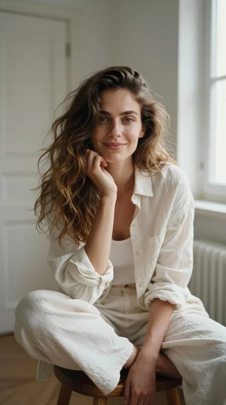 An intimate analog portrait captured on Kodak Portra 400 film, utilizing a professional medium format camera with an 85mm f/1.8 prime lens to achieve a creamy, shallow depth of field and organic texture. The composition is a centered-right medium shot of a slender European woman with light ivory skin and a symmetrical, natural face, sitting on a simple wooden stool in a sun-drenched, minimalist domestic interior. She leans forward with a relaxed, fluid posture; her left hand gently cradles her chin, fingers curling softly against her cheek, while her right hand rests naturally on her left elbow. Her massive volume of thick, wavy brown hair with golden highlights cascades over her shoulder, with fine strands catching the light. She gazes directly into the lens with expressive hazel eyes and a soft, closed-mouth smile that radiates serene confidence. She is dressed in a chic, monochromatic ensemble of breathable off-white linen: a loose button-down shirt worn open over a matching pale top, with sleeves rolled to the forearms and high-waisted trousers that bunch dynamically at the knees. The lighting is a soft, directional natural glow from an off-frame window on the right, acting as a gentle key light that illuminates the textures of her hair and the linen fabric while casting delicate, gradual shadows that define her collarbones and jawline. The background is a soft-focus dream of a lived-in home: a partially open paneled off-white door on