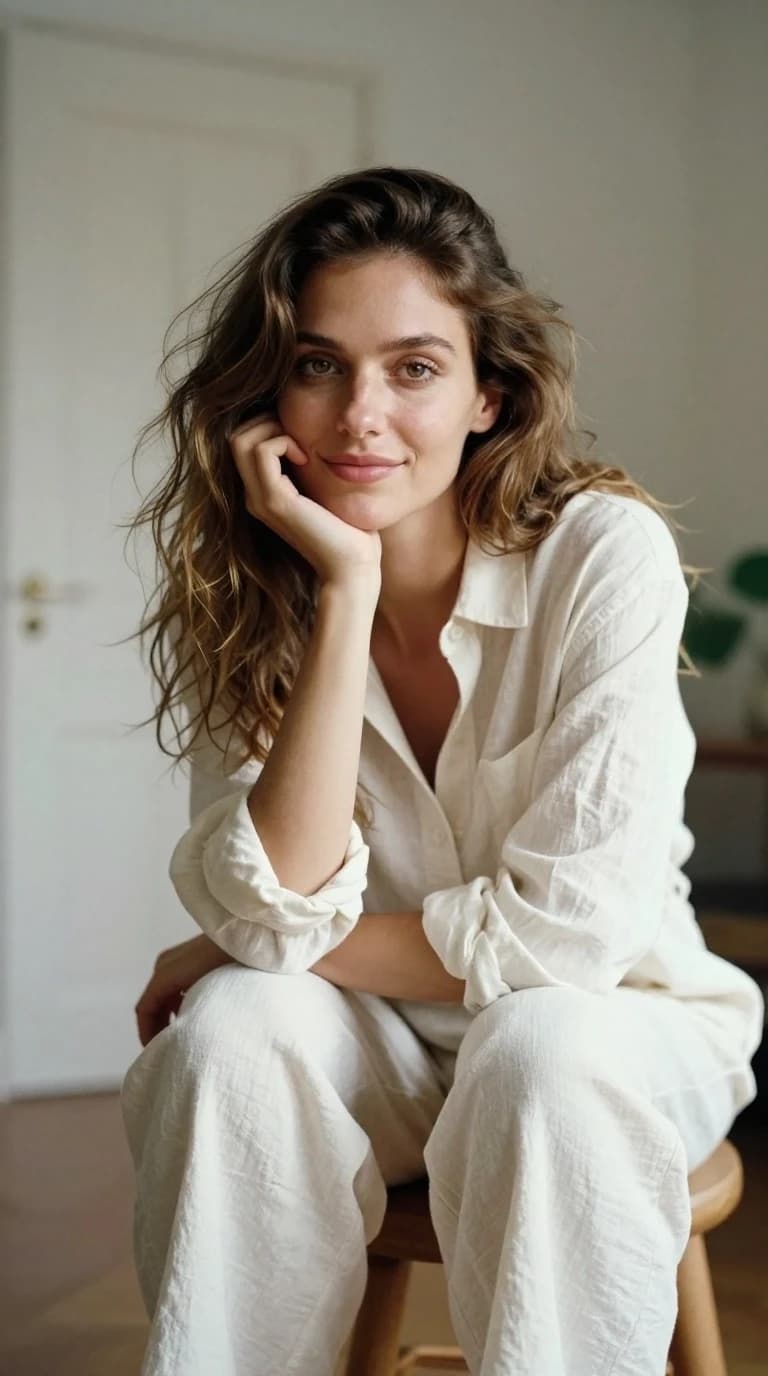 An intimate analog portrait captured on Kodak Portra 400 film, utilizing a professional medium format camera with an 85mm f/1.8 prime lens to achieve a creamy, shallow depth of field and organic texture. The composition is a centered-right medium shot of a slender European woman with light ivory skin and a symmetrical, natural face, sitting on a simple wooden stool in a sun-drenched, minimalist domestic interior. She leans forward with a relaxed, fluid posture; her left hand gently cradles her chin, fingers curling softly against her cheek, while her right hand rests naturally on her left elbow. Her massive volume of thick, wavy brown hair with golden highlights cascades over her shoulder, with fine strands catching the light. She gazes directly into the lens with expressive hazel eyes and a soft, closed-mouth smile that radiates serene confidence. She is dressed in a chic, monochromatic ensemble of breathable off-white linen: a loose button-down shirt worn open over a matching pale top, with sleeves rolled to the forearms and high-waisted trousers that bunch dynamically at the knees. The lighting is a soft, directional natural glow from an off-frame window on the right, acting as a gentle key light that illuminates the textures of her hair and the linen fabric while casting delicate, gradual shadows that define her collarbones and jawline. The background is a soft-focus dream of a lived-in home: a partially open paneled off-white door on