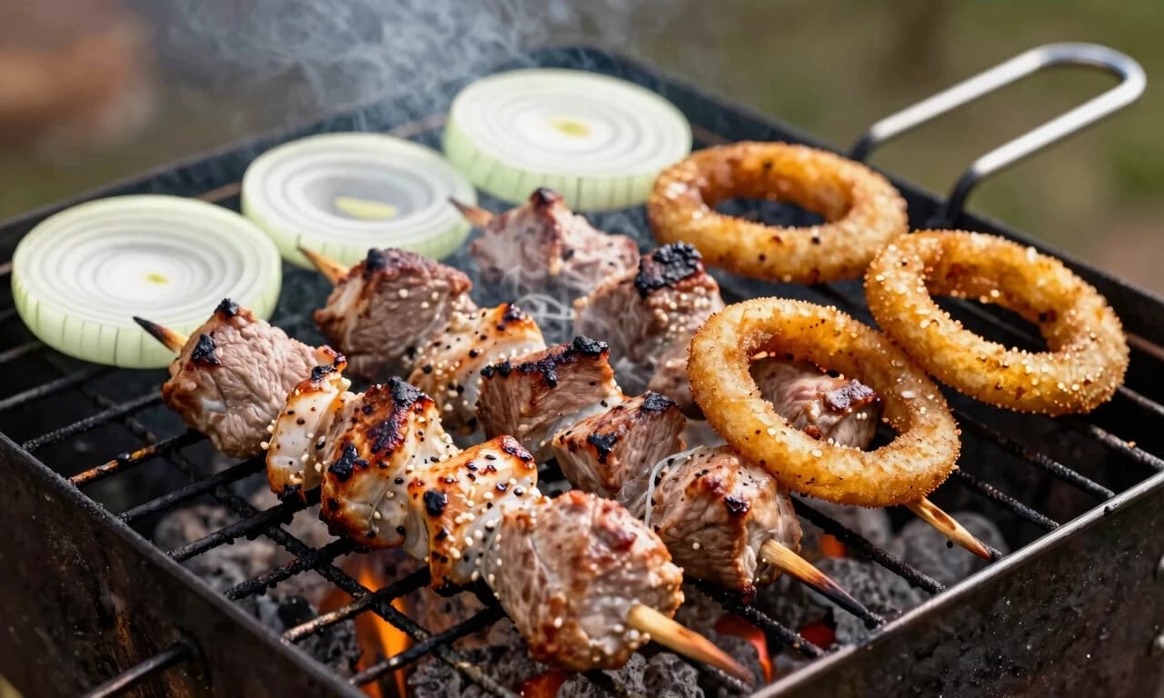 Шашлык из свинины с кольцами лука на мангале