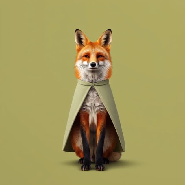 Draw a symmetrical frontal frame in the style of Wes Anderson for the A6 format. In the center is a full—length fox, she stands in a calm pose, wearing a light sage—colored cloak with neat stitching. The background is a matte sage green, uniform. Palette: sage, red, cream, white. The lighting is warm, morning, soft shadows. High detail: the texture of the fur, the fabric of the cloak, the exact proportions of the fox. No labels. 8K, cinematic style.
