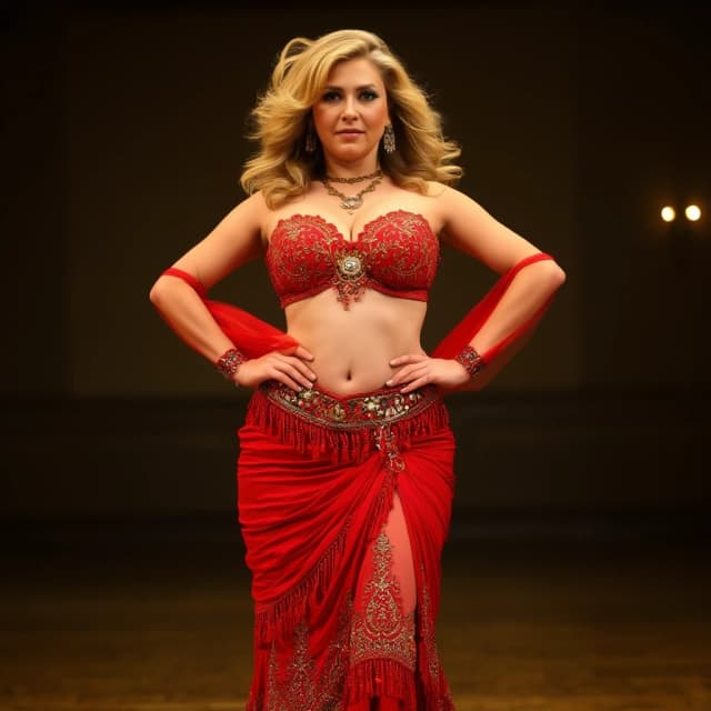 front view chubby belly dancer thirty years woman in red costume blonde medium hair stand in hall