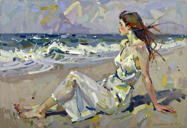 art в стиле цорна фешина.,Красивая одежда фри   женщина сидит на берегу.волны, ветер. мазки.мастихин.