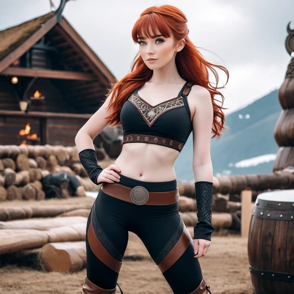red-haired girl in black leggings and brown boots wearing a Viking bra