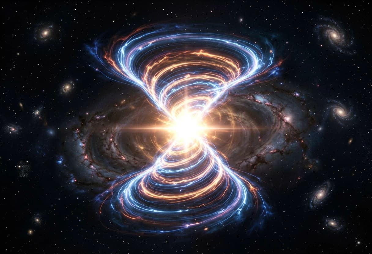 "A massive galactic quantum spiral shaped like an hourglass, consisting of two gigantic rotating energy funnels that taper and meet at the exact center. A blinding quantum flash explosion occurs at the convergence point where the funnels touch. Side view emphasizing the 3D volumetric structure and depth. The image highlights the boundless vastness of space with countless shimmering stars in the deep black background. Cinematic lighting, photorealistic, 8k resolution, epic scale, glowing energy filaments.