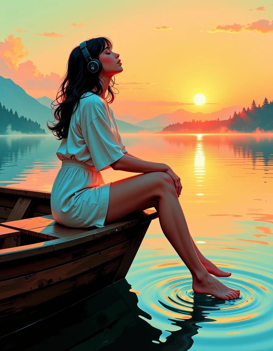 A masterpiece,  in the style of the 1980s, with bold lines, dynamic strokes and rich textures, on background with a touch of nostalgia, perhaps with subtle drawings inspired by cellulose and vintage, worn textures similar to paper,oil painting, A high-end  airbrush masterpiece of a beautiful woman in a light stylish summer outfit sitting on the edge of a wooden boat. She is wearing sleek modern over-ear headphones, eyes closed in pure bliss. One leg is elegantly extended, with her bare foot gently touching the water surface, creating soft circular ripples. Thick atmospheric fog and mist over a calm lake. Dramatic golden hour sunset backlighting, sun low on the horizon, glowing rim light, warm orange and gold tones. Flawlessly smooth skin, polished glossy textures, cinematic volumetric lighting, hyper-detailed, 8k