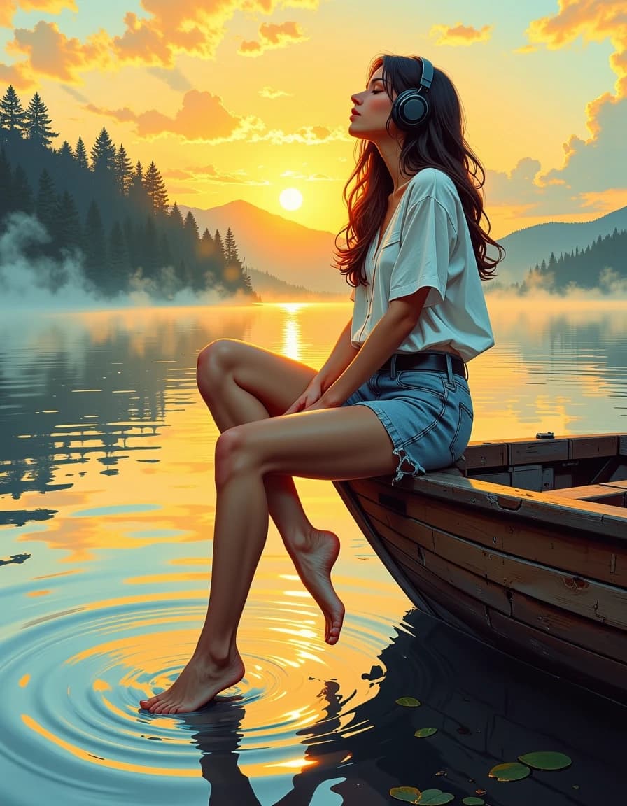 A masterpiece,  in the style of the 1980s, with bold lines, dynamic strokes and rich textures, on background with a touch of nostalgia, perhaps with subtle drawings inspired by cellulose and vintage, worn textures similar to paper,oil painting, A high-end  airbrush masterpiece of a beautiful woman in a light stylish summer outfit sitting on the edge of a wooden boat. She is wearing sleek modern over-ear headphones, eyes closed in pure bliss. One leg is elegantly extended, with her bare foot gently touching the water surface, creating soft circular ripples. Thick atmospheric fog and mist over a calm lake. Dramatic golden hour sunset backlighting, sun low on the horizon, glowing rim light, warm orange and gold tones. Flawlessly smooth skin, polished glossy textures, cinematic volumetric lighting, hyper-detailed, 8k